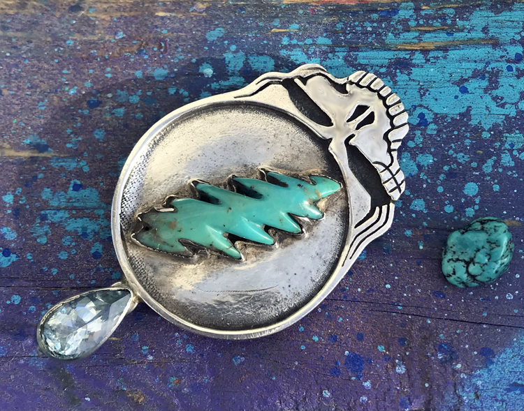 family silver steal yout face pendant carved turquoise bolt