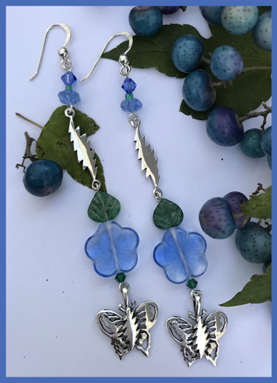 sterling silver butterfly blue glass flowers earrings