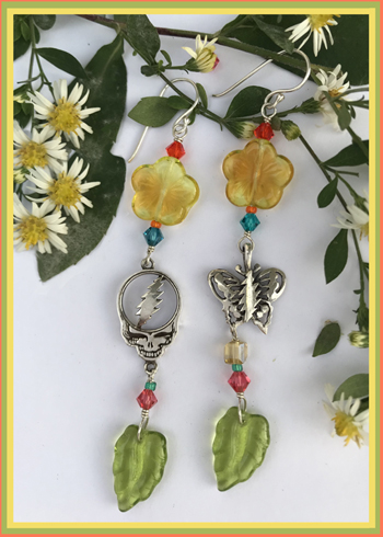 silver bolt earrings with gold glass flowers and green leaves 