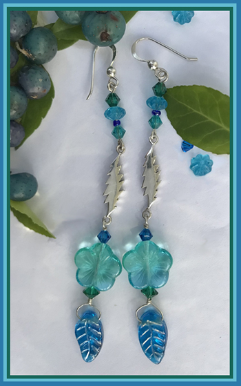 sterling silver bolt earrings with teal glass flowers & leaves