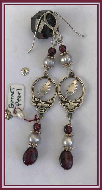 sterling silver garnet pearl skull earrings