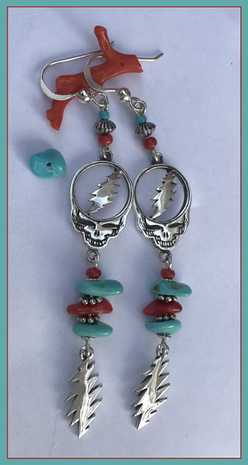 turquoise & coral sterling silver skull earrings