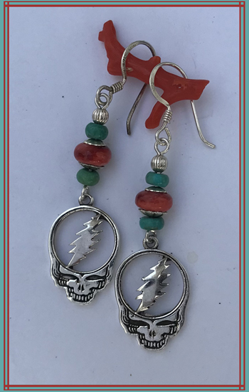 turquoise & coral sterling skull earrings